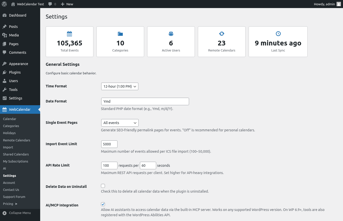 WebCalendar settings dashboard showing 105,365 total events, 10 categories, 6 active users, 23 remote calendars with last sync 9 minutes ago, configurable API rate limiting, and AI/MCP integration