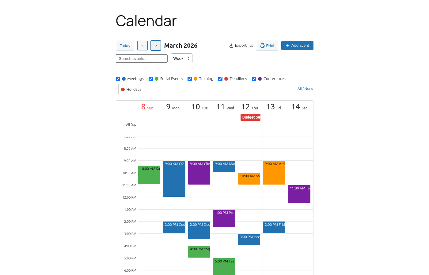 WebCalendar week view with color-coded time blocks for meetings, events, and training