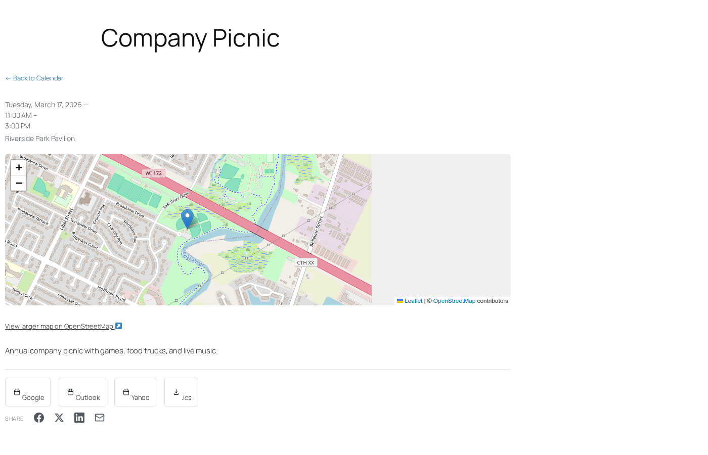 Single event page with location map, add-to-calendar buttons for Google, Outlook, Yahoo, and iCal, and social sharing links