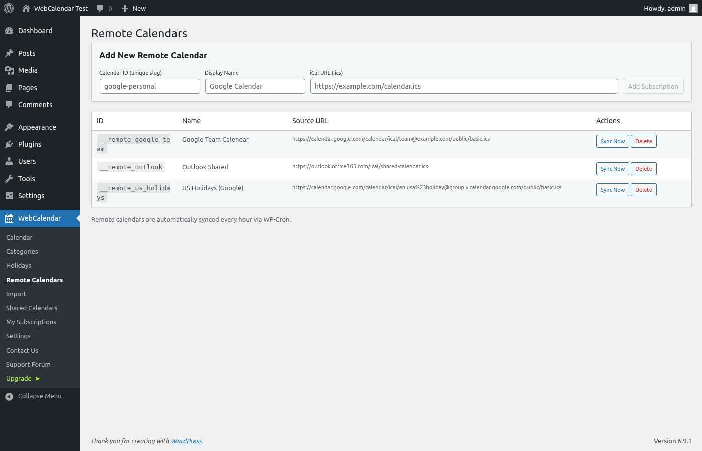 Remote Calendars admin screen showing Google Calendar, Outlook, and US Holidays iCal subscriptions with sync controls