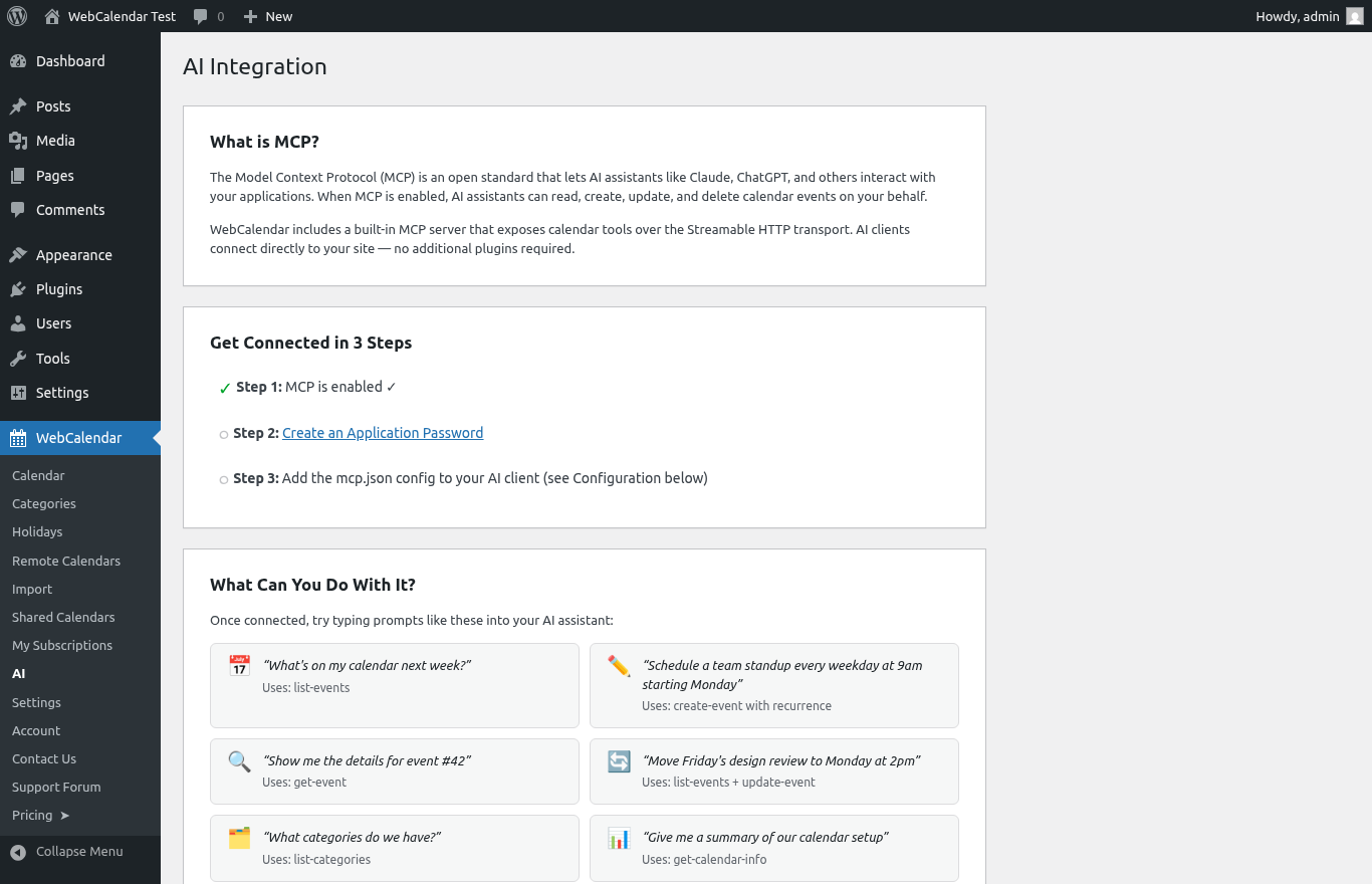 WebCalendar AI Integration page showing MCP setup in 3 steps and example prompts like 'What's on my calendar next week?' and 'Schedule a team standup every weekday at 9am'